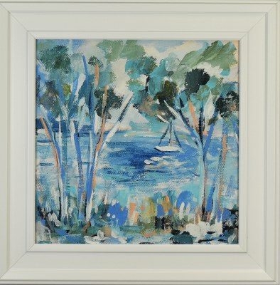 28" SQ Trees and Boat 2 Gel Print With White Frame