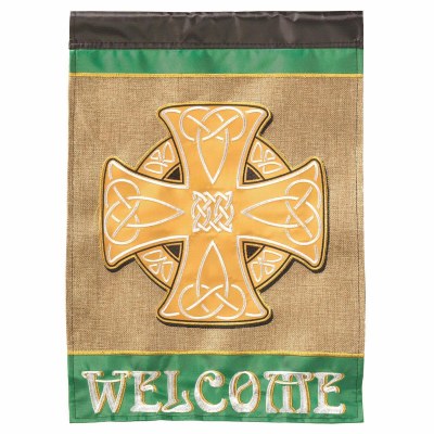 18" x 13" Mini Green and Gold Celtic Cross Welcome Burlap Garden Flag