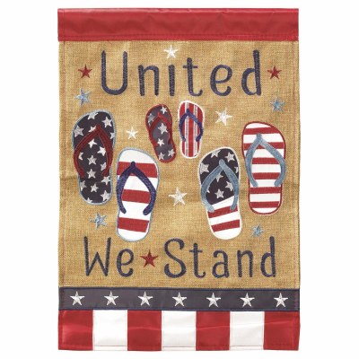 18" x 13" Mini Red, White and Blue Flip Flops United We Stand Burlap Garden Flag