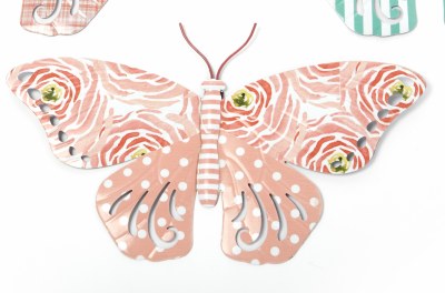 8" Coral Floral and Dotted Wings With Coral Striped Body Butterfly Metal Wall Art Plaque