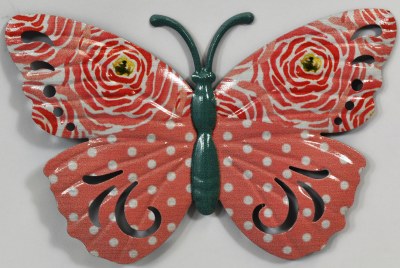 6" Coral Floral and Dotted Wings With Blue Body Butterfly Metal Wall Art Plaque