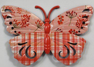 6" Coral Floral and Striped Wings With Coral Body Butterfly Metal Wall Art Plaque