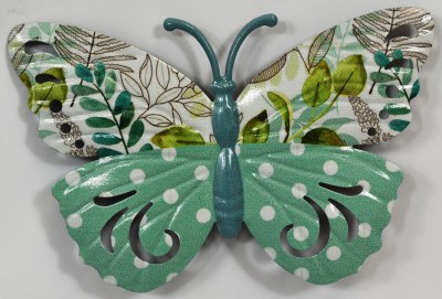 6" White Floral and Dotted Green Wings With Blue Body Butterfly Metal Wall Art Plaque