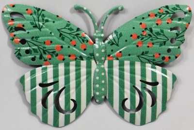 6" Green Floral and Green Striped Wings With Dotted Green Body Butterfly Metal Wall Art Plaque