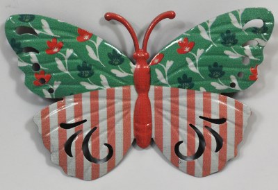 6" Green Floral and Coral Striped Wings With Coral Body Butterfly Metal Wall Art Plaque