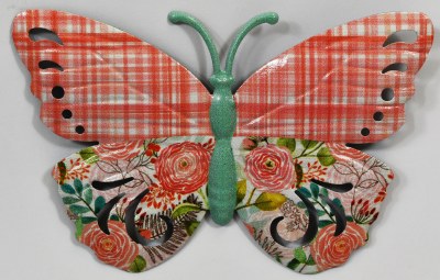 6" Coral Floral and Plaid Wings With Green Body Butterfly Metal Wall Art Plaque