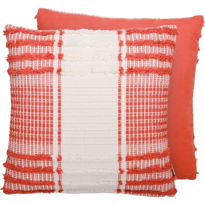 18" Square Orange and White Plaid Fringe Pillow