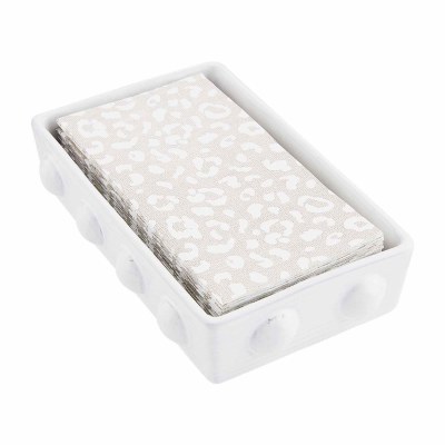 6" x 9" White Ceramic Dotted Napkin Holder With Beige and White Leopard Guest Towels by Mud Pie