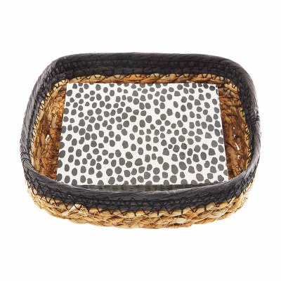 7" Square Natural With Black Rim Woven Seagrass Napkin Holder With White and Black Spotted Beverage Napkins by Mud Pie