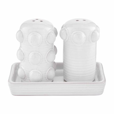 3" White Dotted Ceramic Salt & Pepper Shakers With Tray by Mud Pie