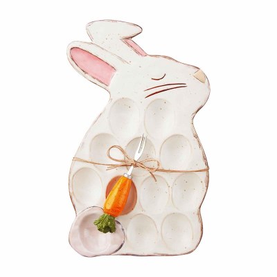 14" Hand-Painted Ceramic Bunny Shaped Deviled Egg Tray With Carrot Fork by Mud Pie