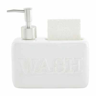 7" White "Wash" Soap Pump and Sponge Holder by Mud Pie