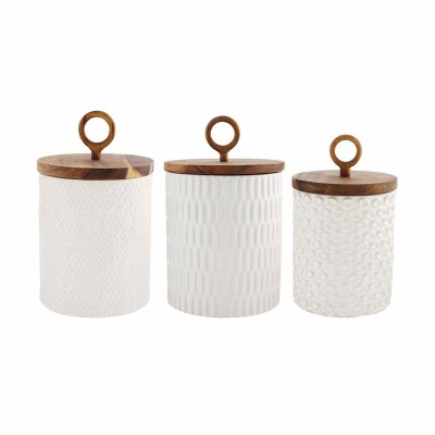 Set of 3 Textured White Canisters With a Wood Lid by Mud Pie