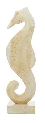 18" Distressed White Teak Wood Seahorse Sculpture on Stand