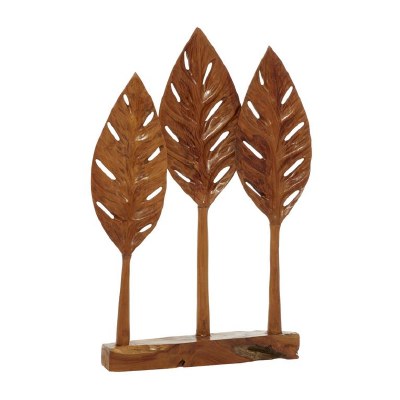 30" x 20" Brown Teak Wood Abstract Tropical Leaves Sculpture