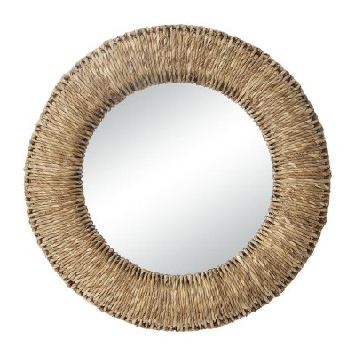 37" Round Brown Woven Rattan Wall Mirror