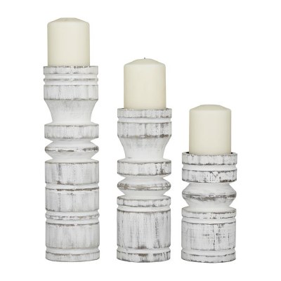 Set of 3 4" Round Distressed White Wood Carved Cylinder Candleholders