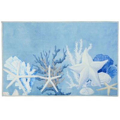 1.8' x 2.6' Blue and White Starfish and White Coral Rug