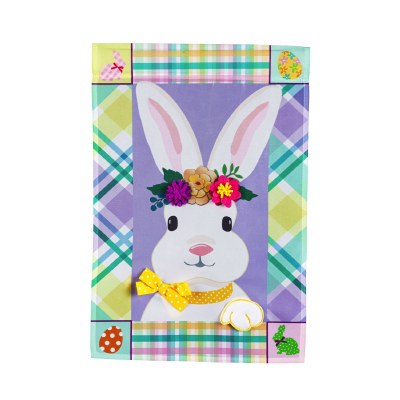 44" x 28" Pastel Plaid Border White Bunny With Flower Crown House Flag