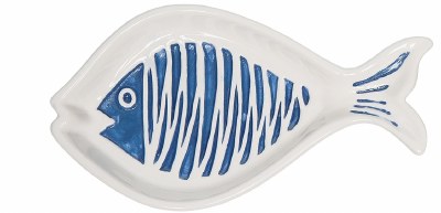 7" Blue and White Fish Dish With Line Pattern