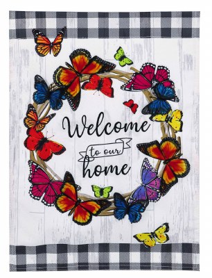 18" x 13" Mini Welcome to Our Home Butterfly Wreath Linen Garden Flag