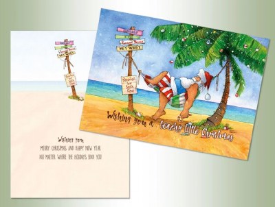 Box of 18 5" x 7" Santa Laying in a Hammock on the Beach Christmas Cards