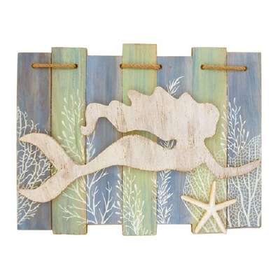 11" x 15" Mermaid on Blue and Green Slats Plaque
