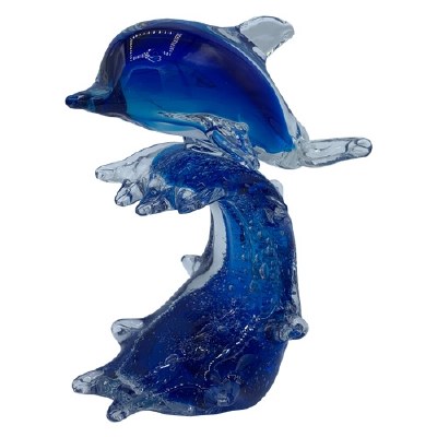 6" Blue Glass Dolphin Riding on a Wave Paperweight