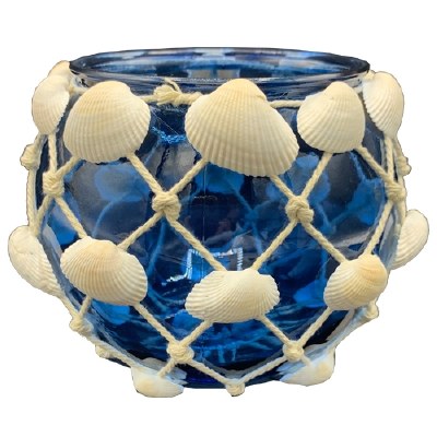 6" Blue Votive Holder Wrapped in Netting and Shells