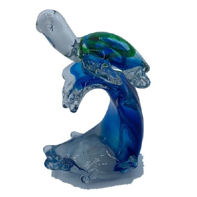 6" Blue and Green Glass Turtle Riding a Wave Paperweight
