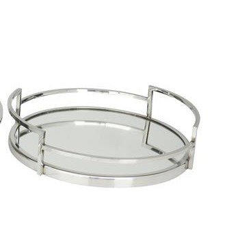 15" Round Silver Metal Mirrored Tray With Handles