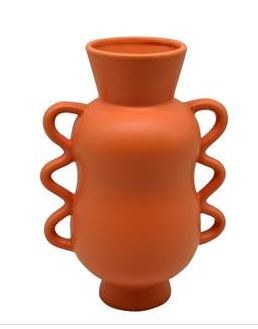 10" Orange Ceramic Vase With Two Squiggle Handles