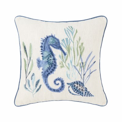 18" Square Blue Seahorse and Shell Crescent Bay Embroidered Pillow