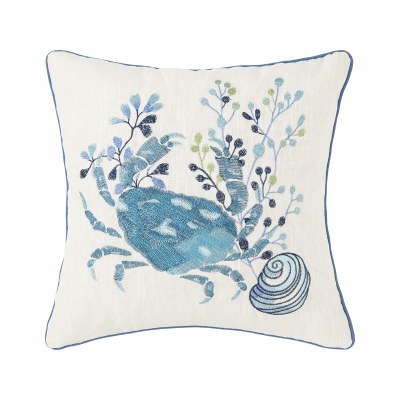 18" Square Blue Crab and Shell Crescent Bay Embroidered Pillow