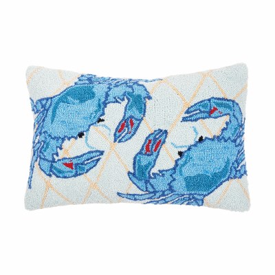 14" x 22" Two Blue Crabs on Yellow and White Diamonds Hooked Pillow