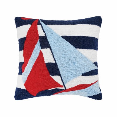 18" Square Blue and Red Sailboat on Stripes Hooked Pillow
