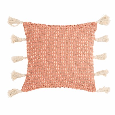 17" Square Coral Peony Diamond Textured Pillow With Tassels