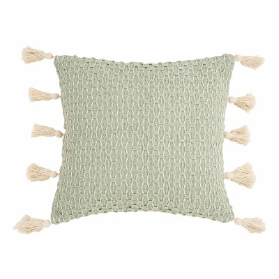 17" Square Seaglass Green Diamond Textured Pillow With Tassels