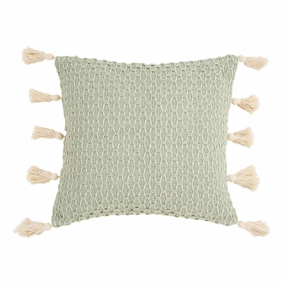 17" Square Seaglass Green Diamond Textured Pillow With Tassels