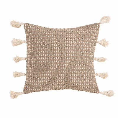 17" Square Beige Diamond Textured Pillow With Tassels