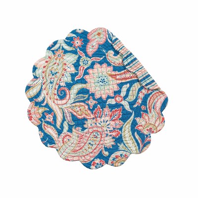 17" Round Blue and Pink Paisley Marla Quilted Reversible Placemat