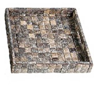 14" Sq Gray and Brown Coco Squares Wood Tray