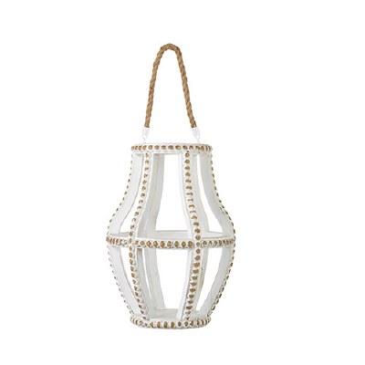 15" Whitewashed Beaded Wood Lantern With Handle