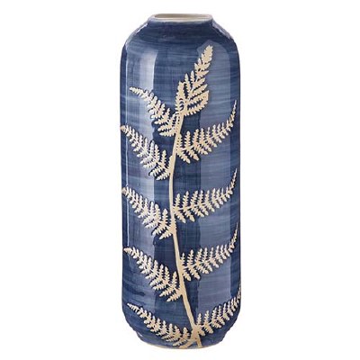 12" Dark Blue and Tan Ceramic Fern Vase