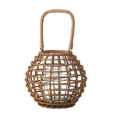 12" Round Natural Rattan Orb Lantern With Handle