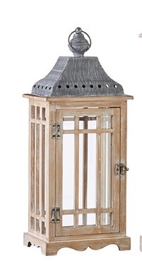 21" Whitewashed Wood, Glass and Metal Lantern