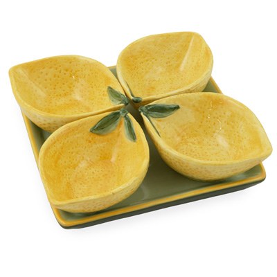 Set of 4 Lemon Shape Ceramic Sauce Bowls With Tray