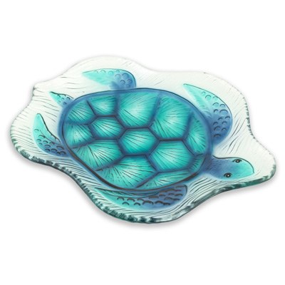12" Blue and Green Turtle Shape Glass Dish