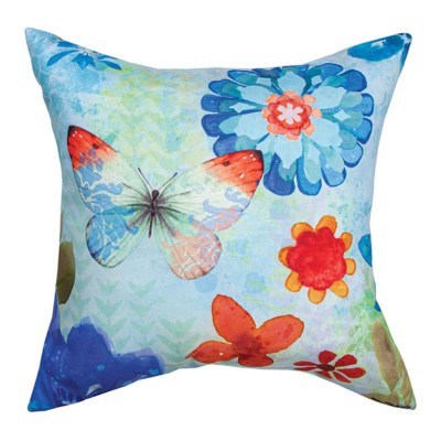 18" Sq Red and BLue Butterfly and Flower Decorative PIllow