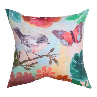 18" Sq Multicolor Bird and Butterfly Decorative Pillow